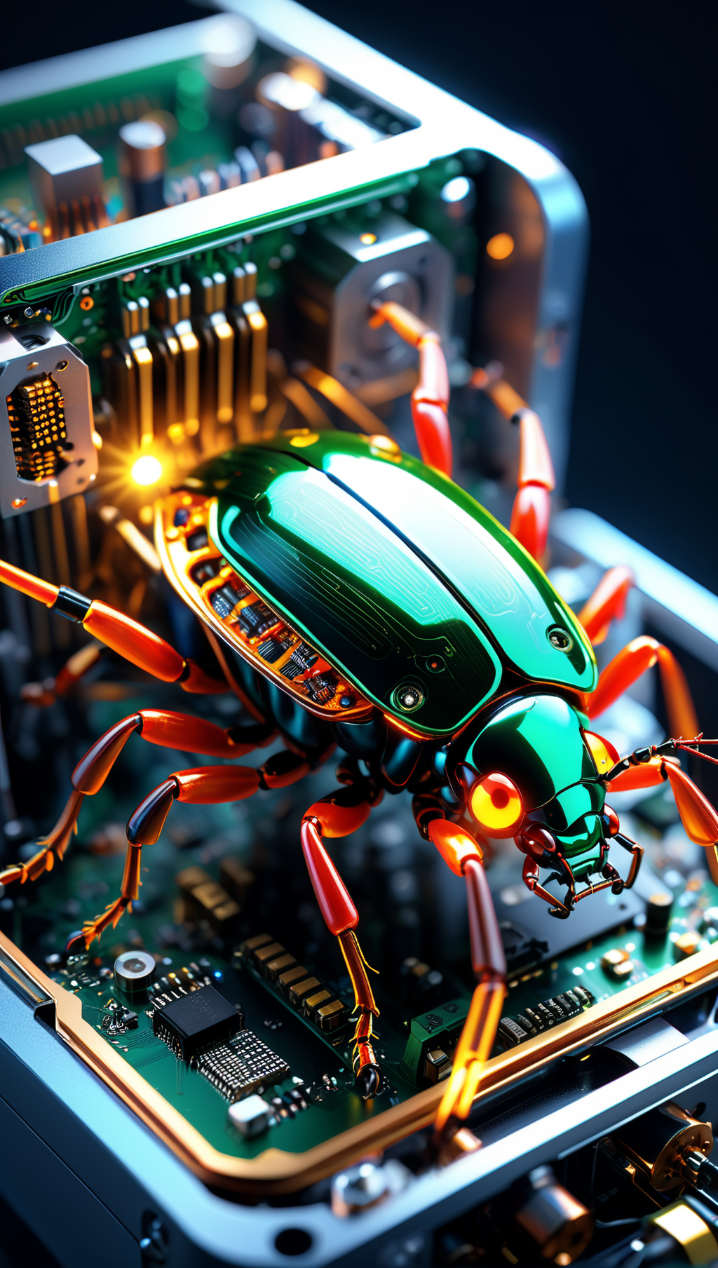 00727-1737508979-A bug made of electronic components, inside a computer case, eating computer components, with sparks and led lights., ultra hd,.png